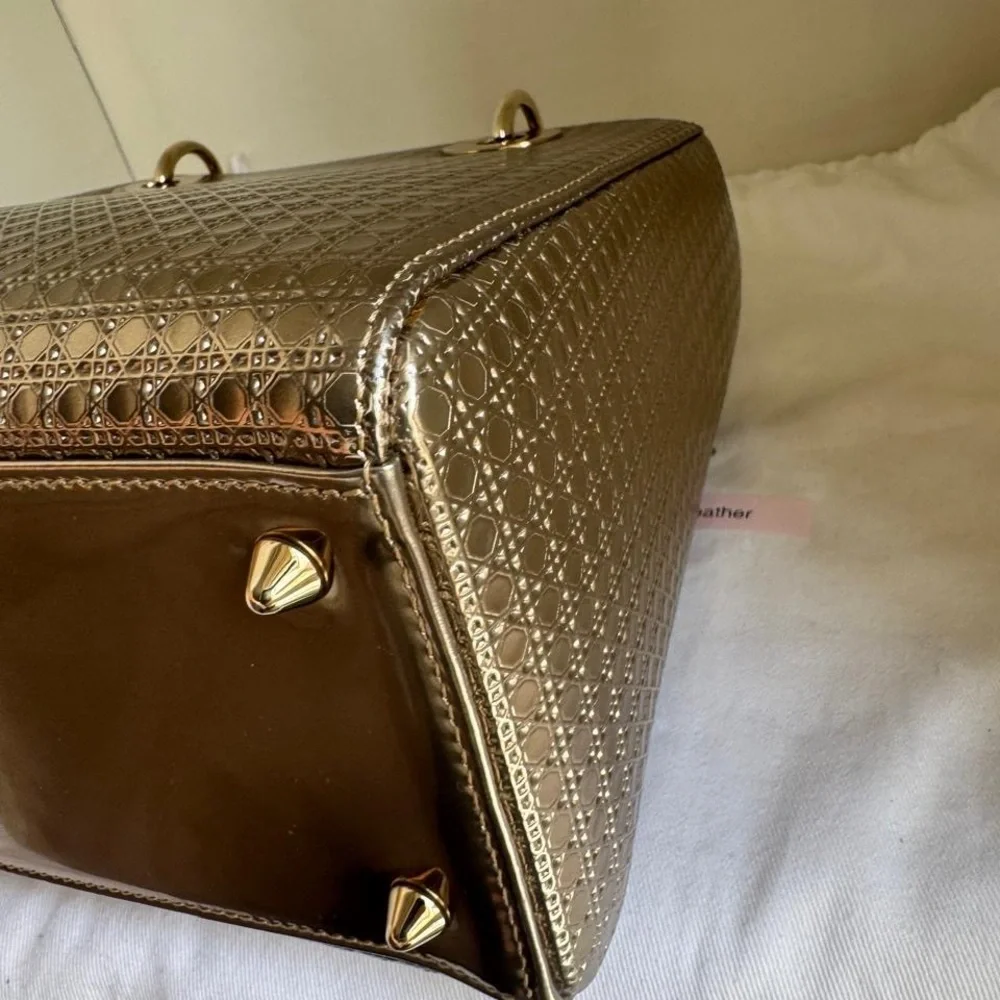 Christian Dior Gold Medium Metallic Micro Cannage Satchel with Shoulder Strap